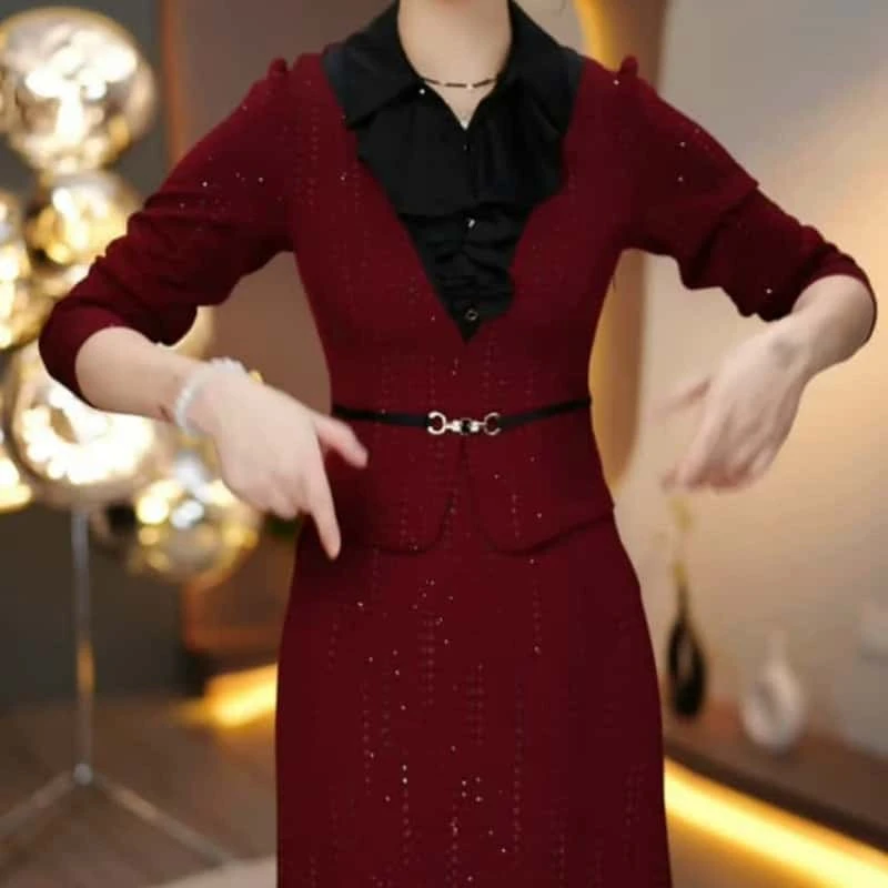 2024秋冬新款时尚新年战袍女神范修身收腰显瘦高端洋气休闲连衣裙