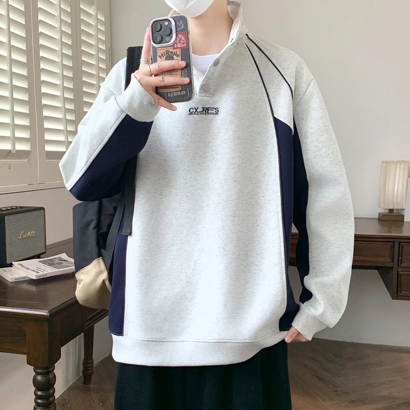 青少年美式拼接设计感潮运动风休闲宽松春秋季polo领男生卫衣解构