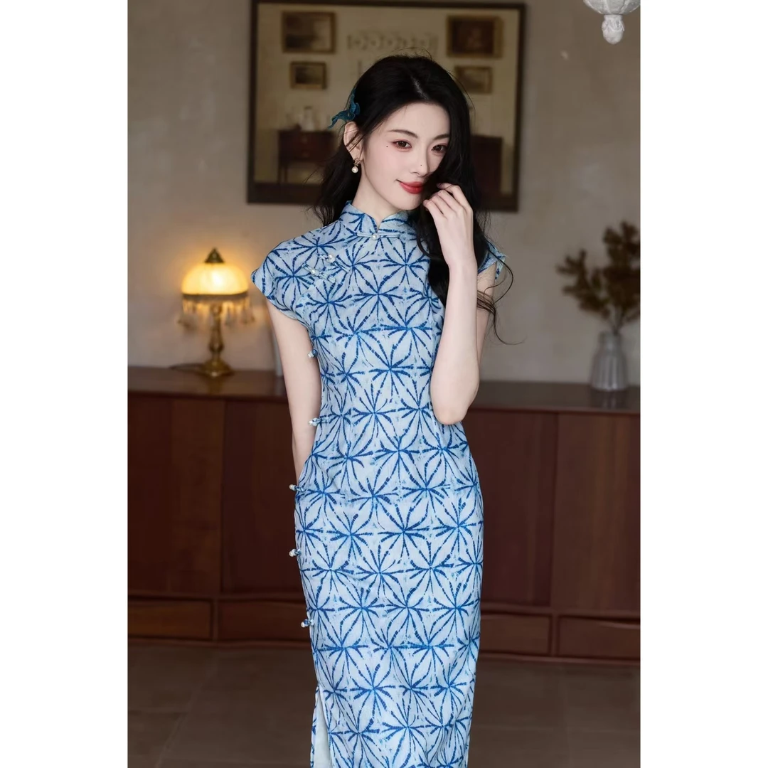 2025春夏新款文艺复古旗袍女修身显瘦新中式民国风蓝色长款连衣裙