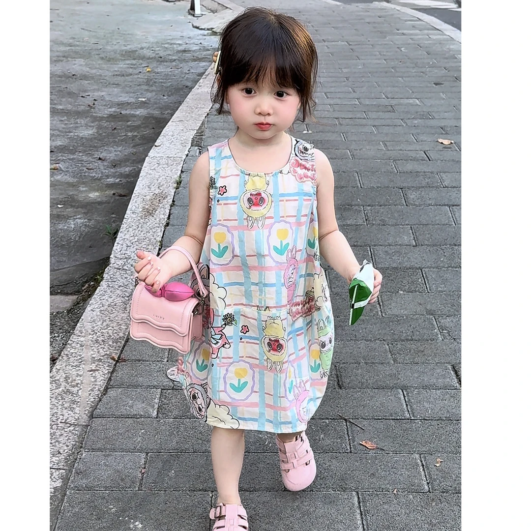 女童夏季薄款背心裙新款女宝巨好看甜美公主裙卡通拉B布无袖裙子