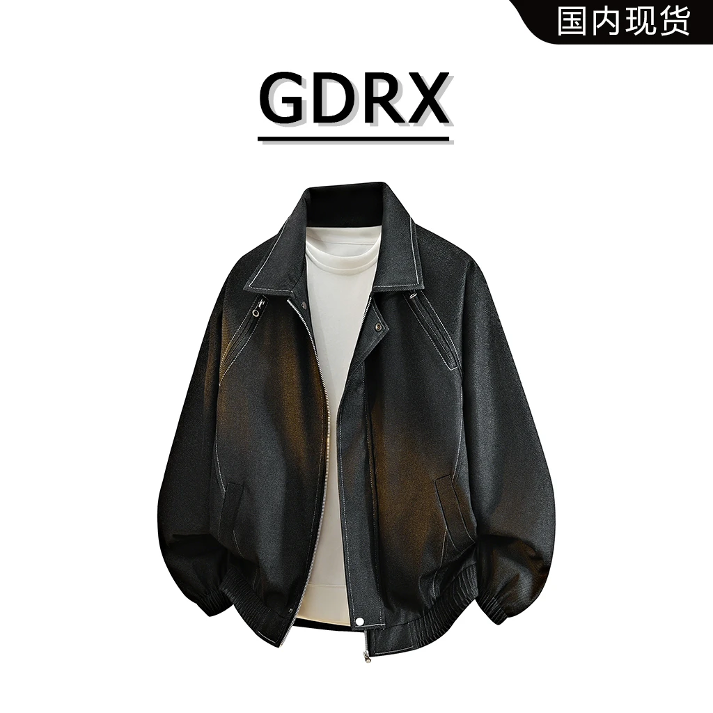 GDRX翻领拼接夹克外套男士春秋大码美式宽松百搭上衣高级感男装