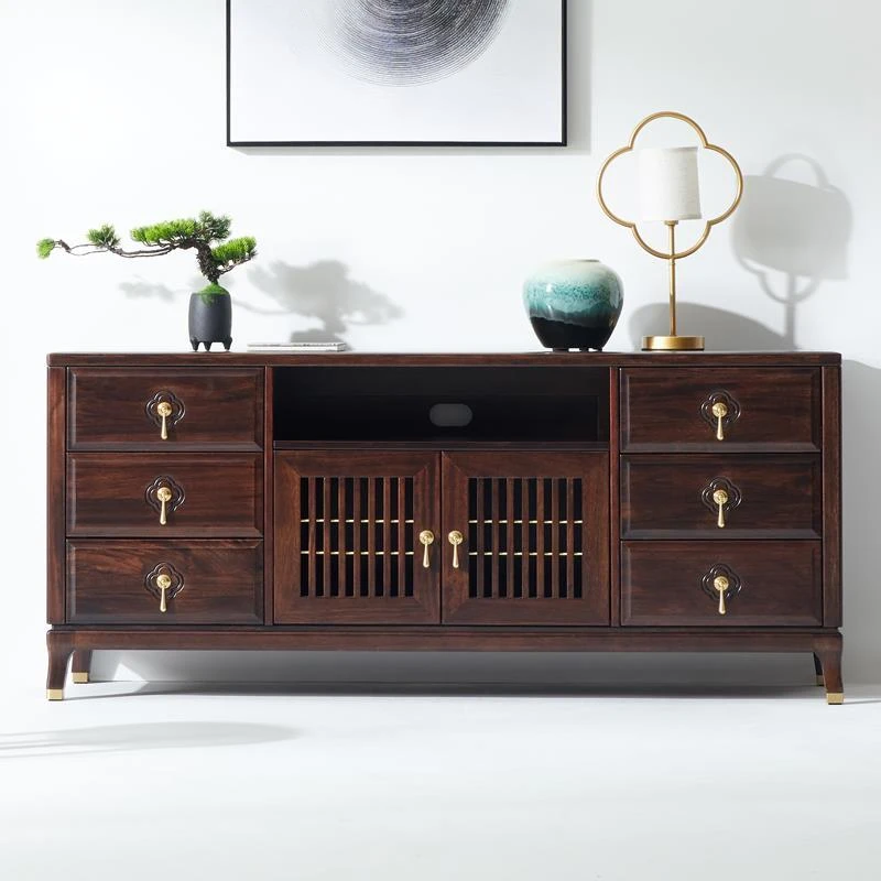 中式乌金木实木餐边柜现代简约客厅家用小户型储物高柜电视柜墙柜