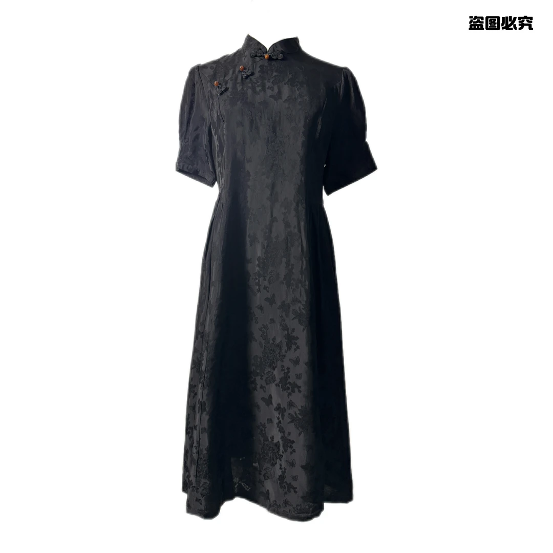【婷婷专属】1058气质夏季优雅黑色复古设计师时尚长款连衣裙