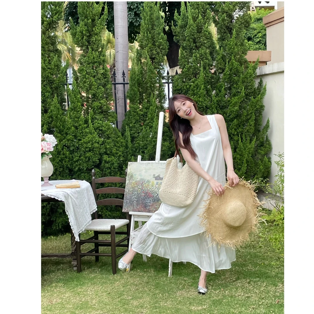 YPP!【费尔岛风情】夏季白色吊带连衣裙新款海边度假风无袖长裙