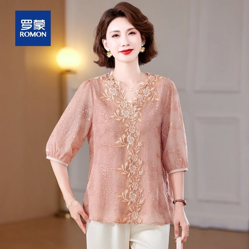 罗蒙妈妈春装洋气高贵衬衫套装新款中老年女装春夏季小衫上衣套装