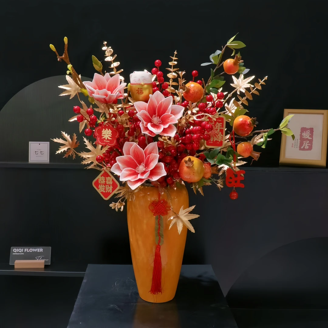 DX【1帮1】橙红金雨插花瓶景德镇陶瓷花瓶精选冬青装饰鲜花包装材料