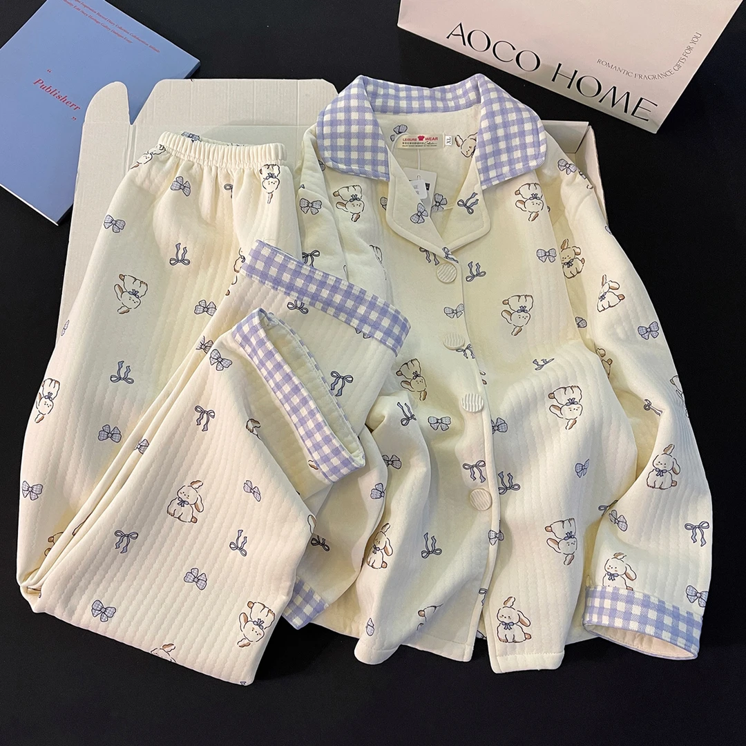 睡衣女新款秋冬季加厚保暖空气棉夹层紫色可爱兔子宽松家居服套装