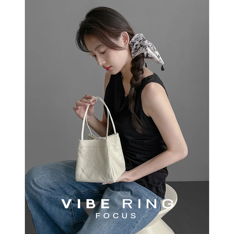 Vibe Ring/小众极简褶皱菜篮子包 头层牛皮小手提包单肩斜挎桶包