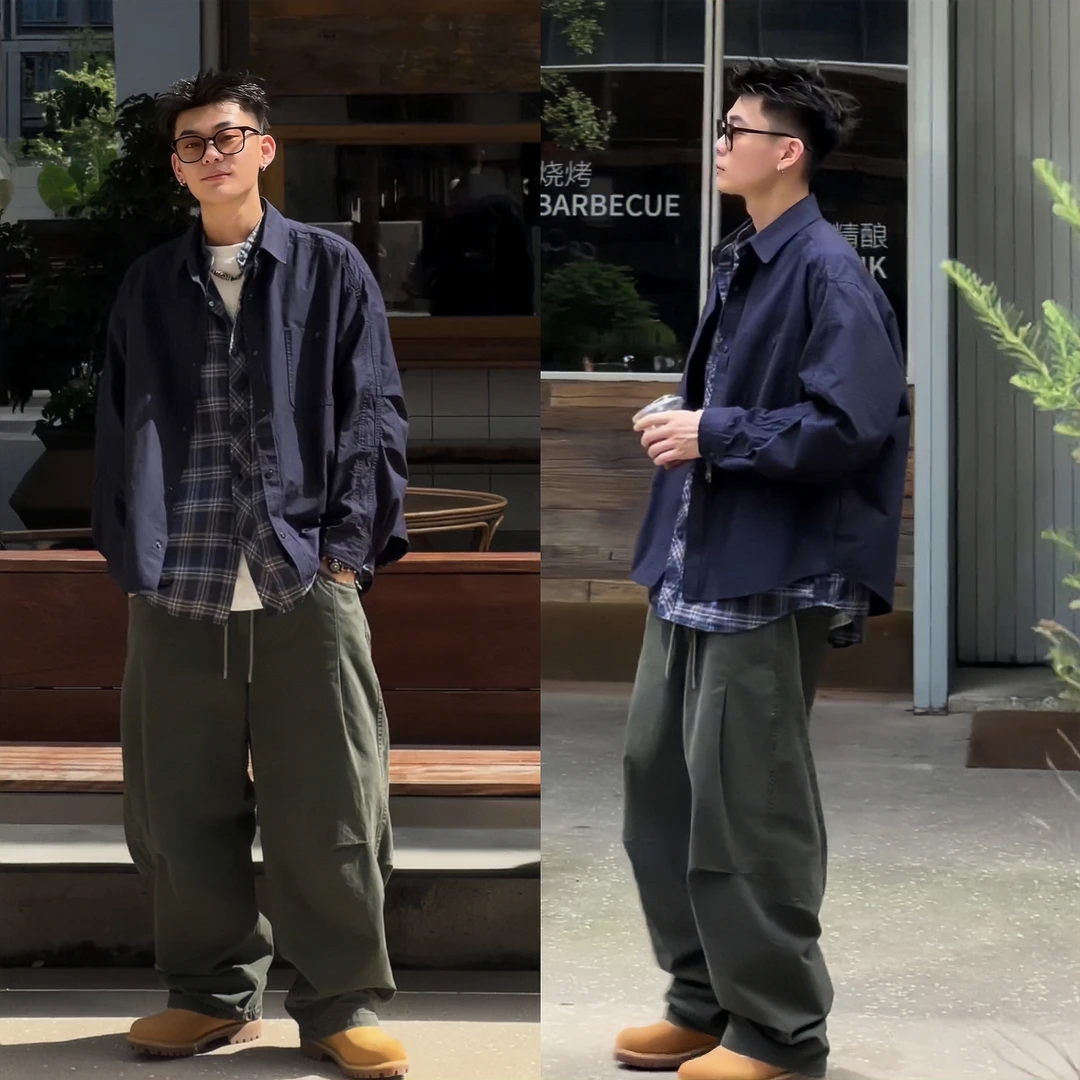 秋季新款格子拼接假两件宽松日系衬衫外套男士时尚百搭韩版薄上衣