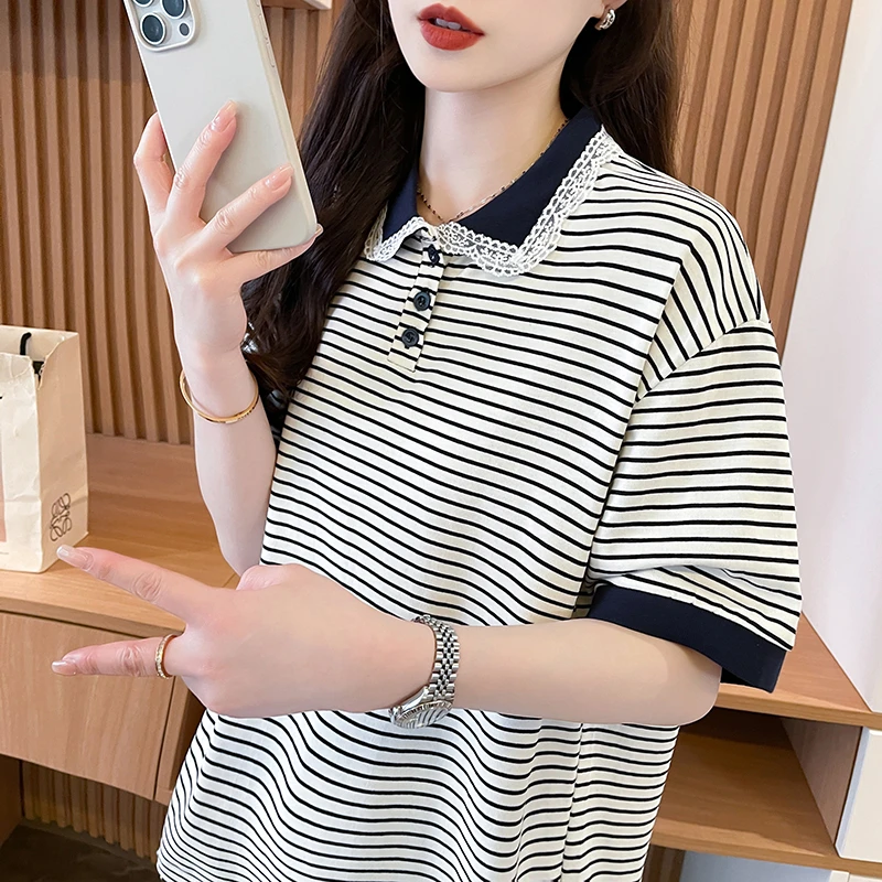 纯棉翻领洋气小众孕妇小个子短袖T恤女条纹衫夏季宽松遮肚子潮isn