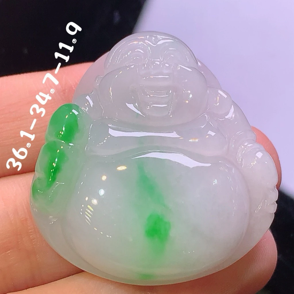 天然缅甸A货翡翠冰润飘绿大佛公吊坠