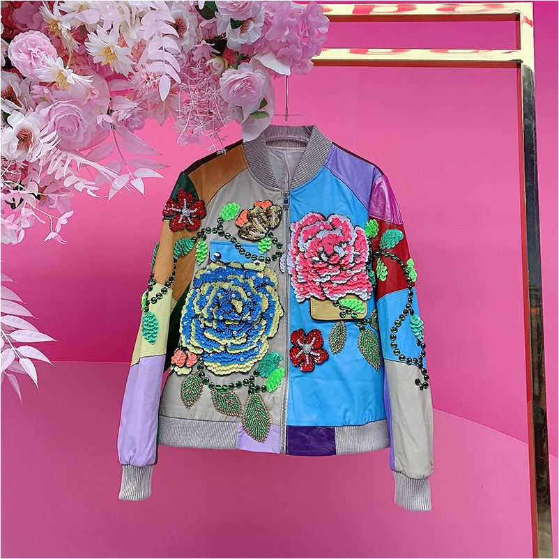 A4213欧美设计师2025冬季新款钉钻亮片刺绣花朵拼色外套