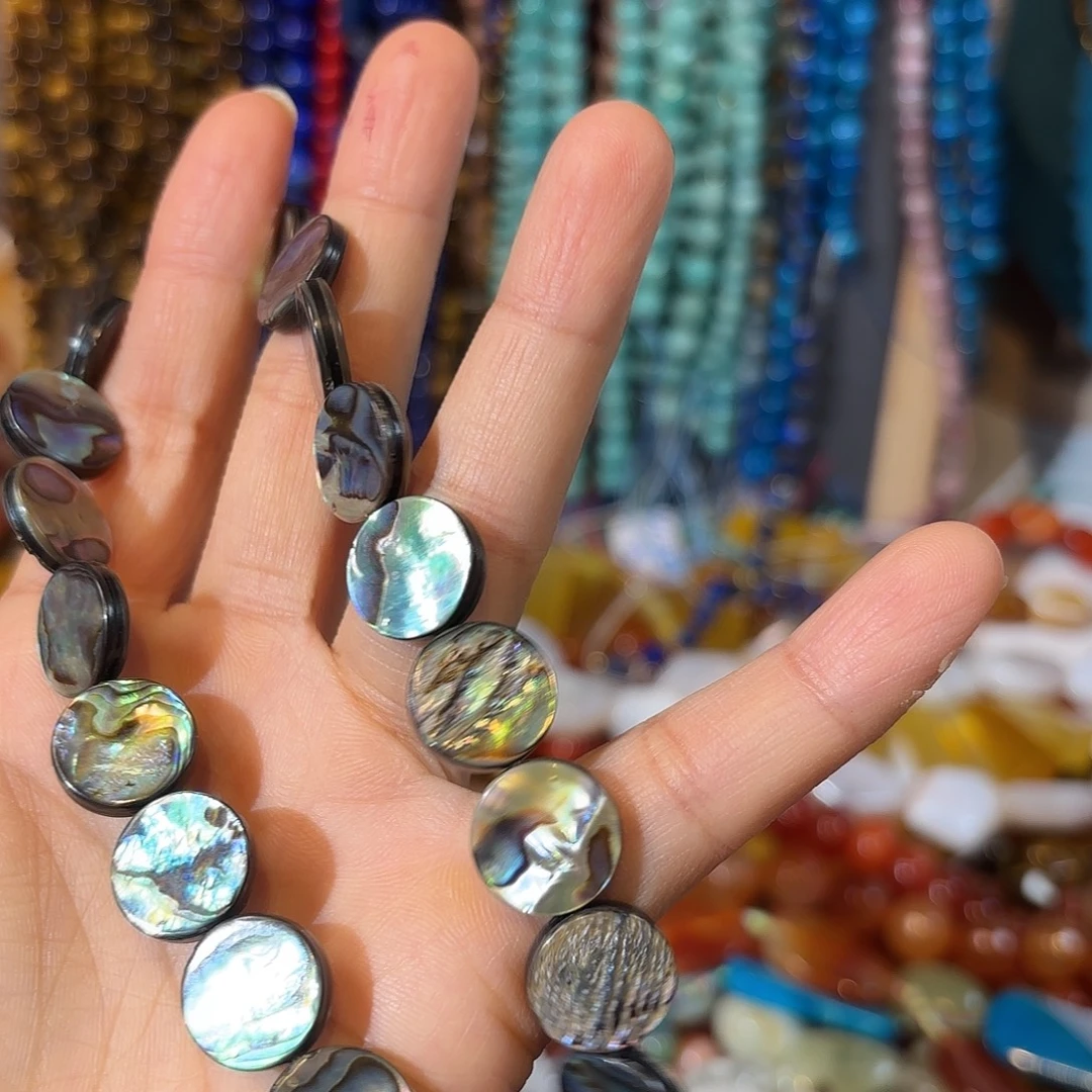 玛瑙/玉髓银S925镀金镶嵌珠宝半成品3颗鲍鱼贝圆饼卡14