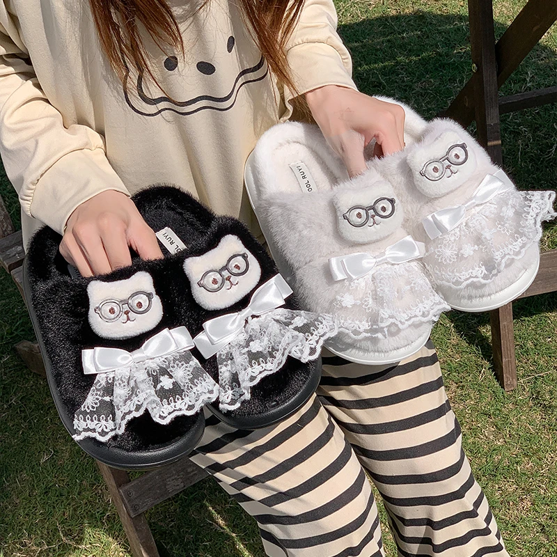 婚纱小熊棉拖鞋女冬季2025新款可爱百搭毛绒保暖防滑厚底棉拖女士