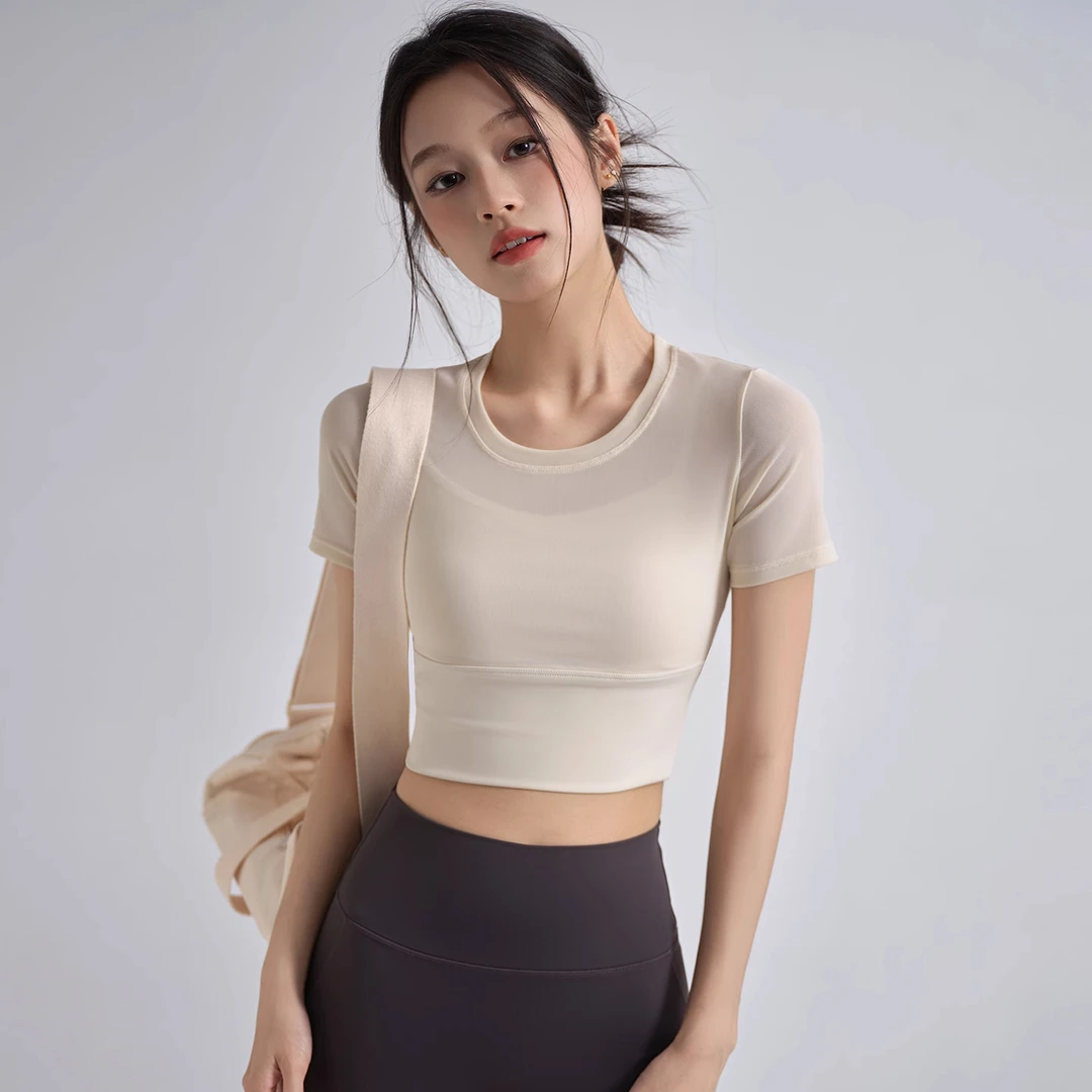 瑜伽服上衣女士带胸垫网纱透气专业普拉提训练健身服短袖速干夏季