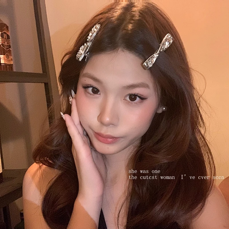 高级感水钻蝴蝶结发夹女侧边夹前额发卡2025新款一字刘海夹子发饰