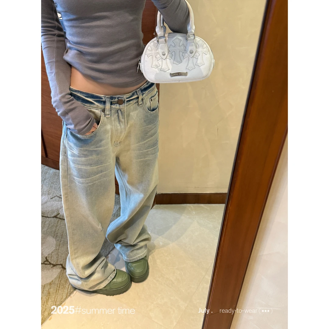 SUNONEONE 做旧水洗渐变牛仔裤女夏季美式复古宽松休闲裤子H1101K