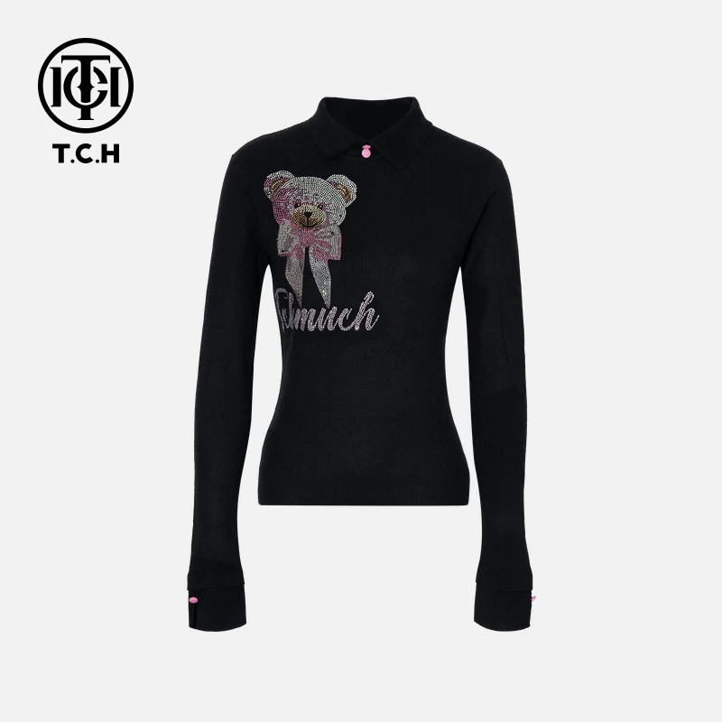 TCH【含棉羊毛】秋冬慵懒风时尚烫钻淑女长袖黑针织衫T75D09E1042
