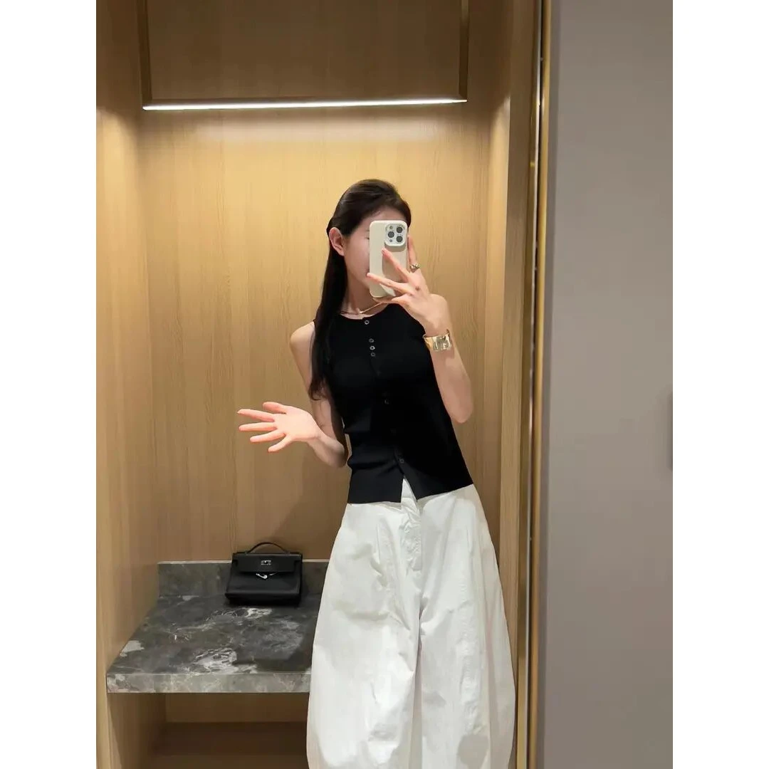 夏季温婉大方衣服圆领多纽扣设计感无袖马甲上衣时尚宽松阔腿裤
