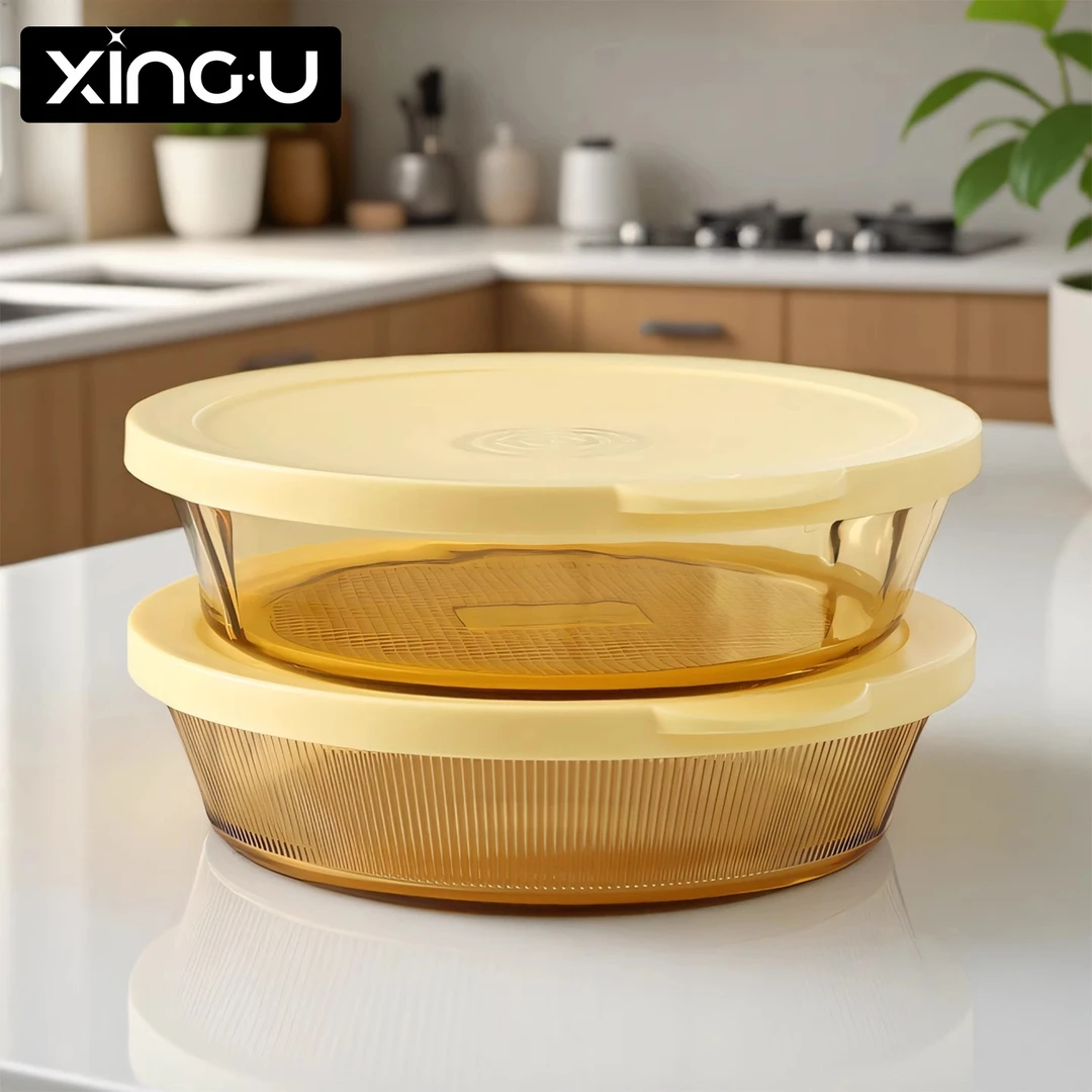 【蜜晶竖纹2.1L烤盘】高硼硅玻璃琥珀色家用多功能耐高温圆形烤盘
