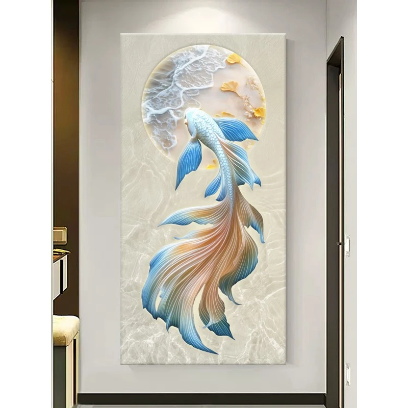 锦鲤鱼悠然上游入户玄关装饰画砂岩客厅画高档走廊过道尽头挂画