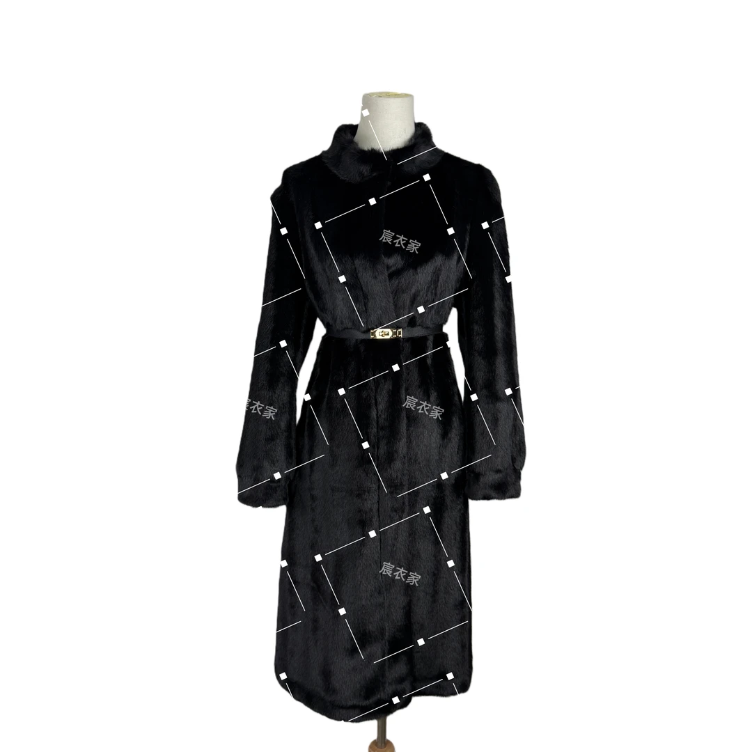 人造皮草 曜石黑立领长款105CM川貂竖纹奢绒外套波光灵动垂瘦十足