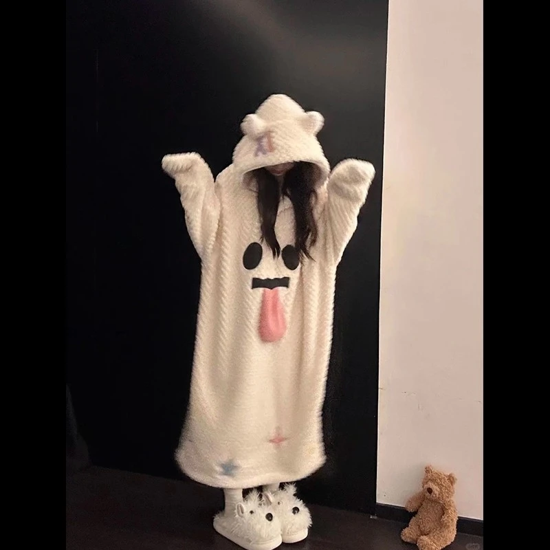 搞怪鬼脸连帽珊瑚绒睡衣女冬季新款加绒加厚毛绒睡袍家居服可外穿