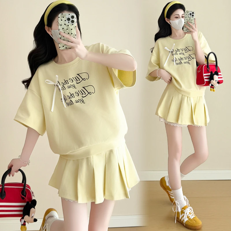 夏季孕妇套装时尚外穿洋气上衣短袖T恤+半身裙百褶裙短裙两件套裙