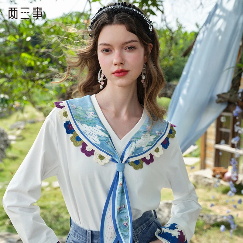 两三事梦游仙翼 欧若风复古海军领拼接长袖t恤女春夏绣花薄款2025