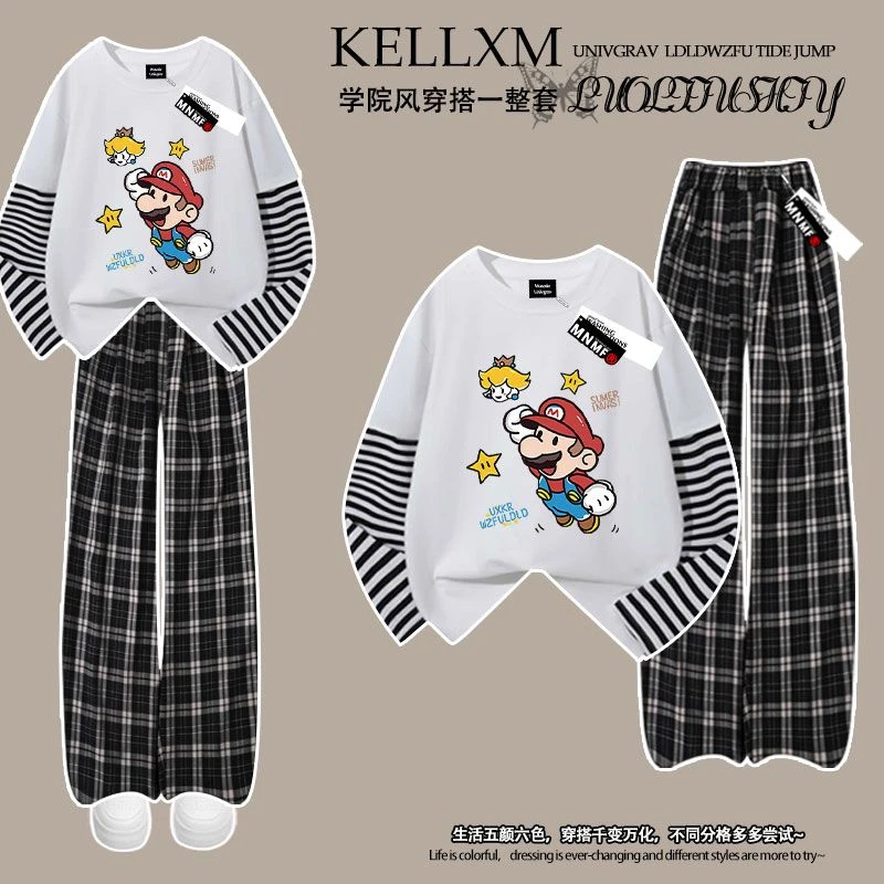 男童春秋超级马里奥印花拼接长袖t恤格子裤套装帅气学生两件套潮