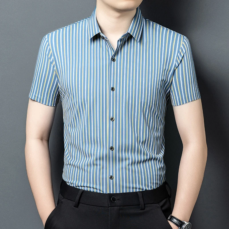 条纹衬衫夏季短袖中年男士冰丝格子无痕衬衣男时尚潮流休闲薄款