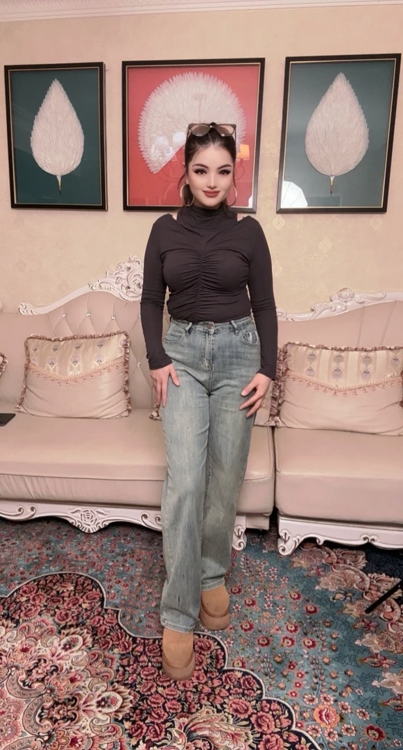 3195牛仔裤拖地裤冬季高腰裤子水洗长裤设计师宽松女士复古蓝色