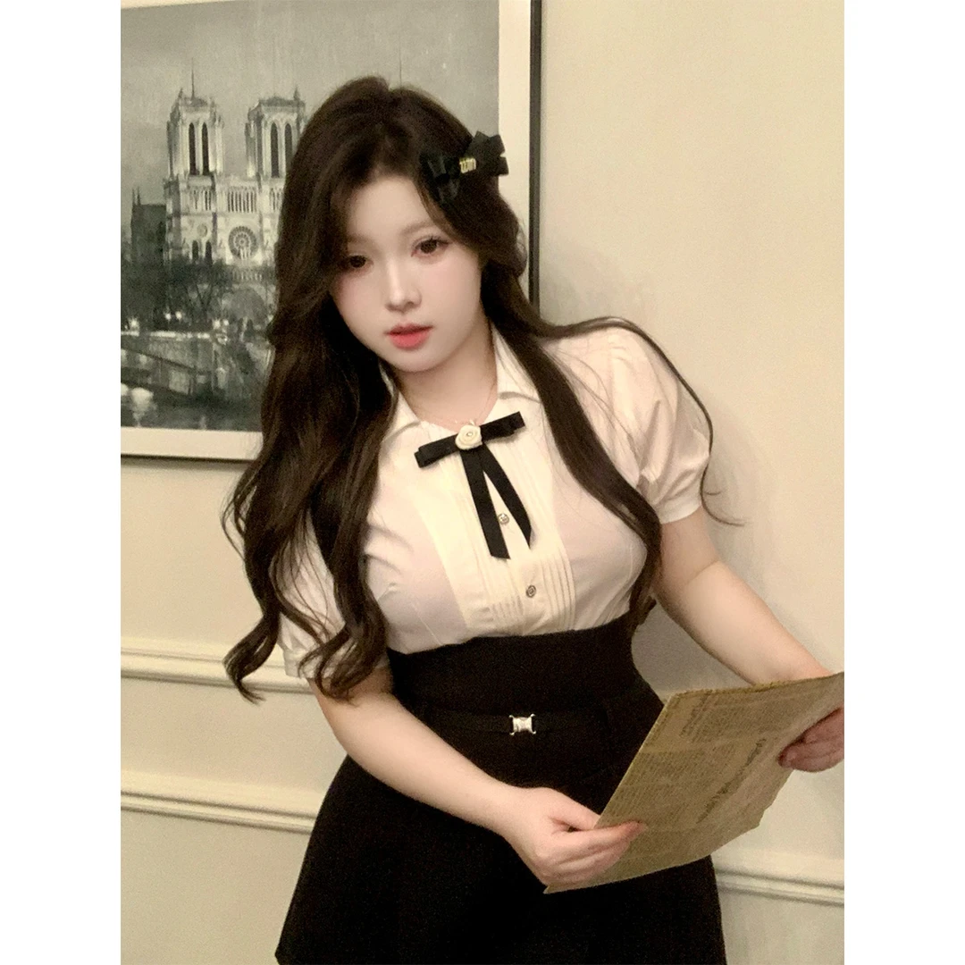 KIKI【海派学院】微胖mm大码泡泡袖衬衣蝴蝶结学院风显瘦小个子套装