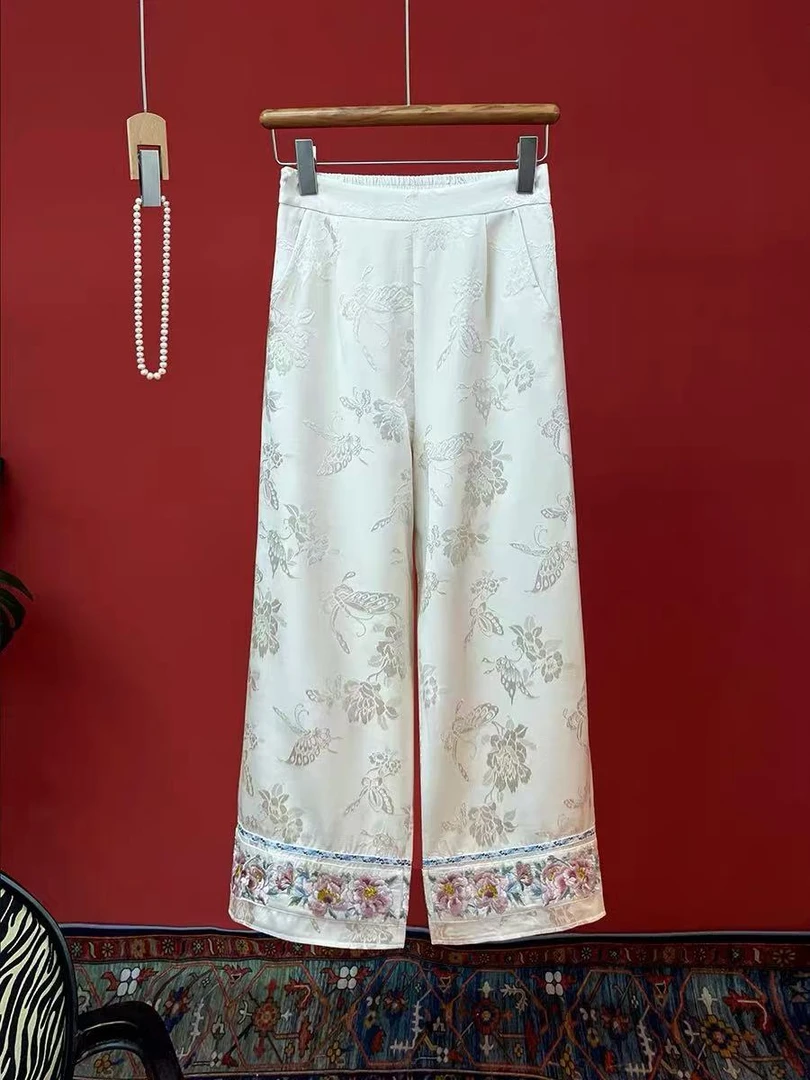 【朝月】新中式提花休闲简约阔腿裤中国风复古春秋新款直筒长裤