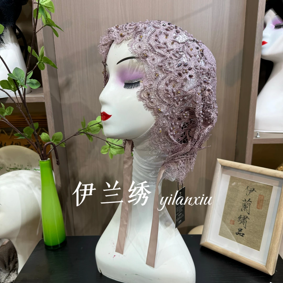 伊兰绣新款高品质夏季绑带帽子女帽包头帽串珠刺绣绑带帽