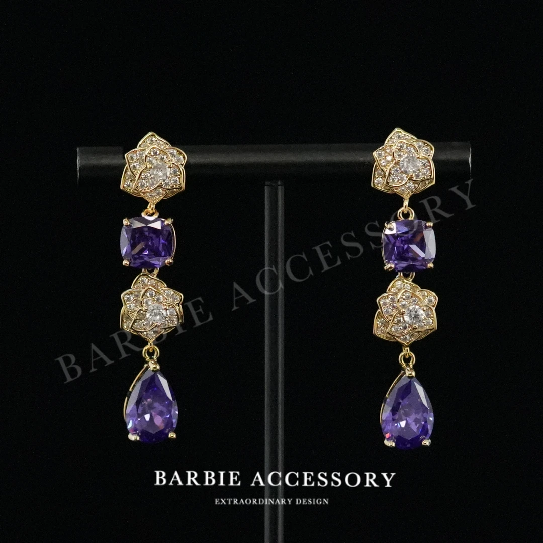 铜合金合成锆石耳饰 【紫花语星】法式中古轻奢设计款高级感耳钉