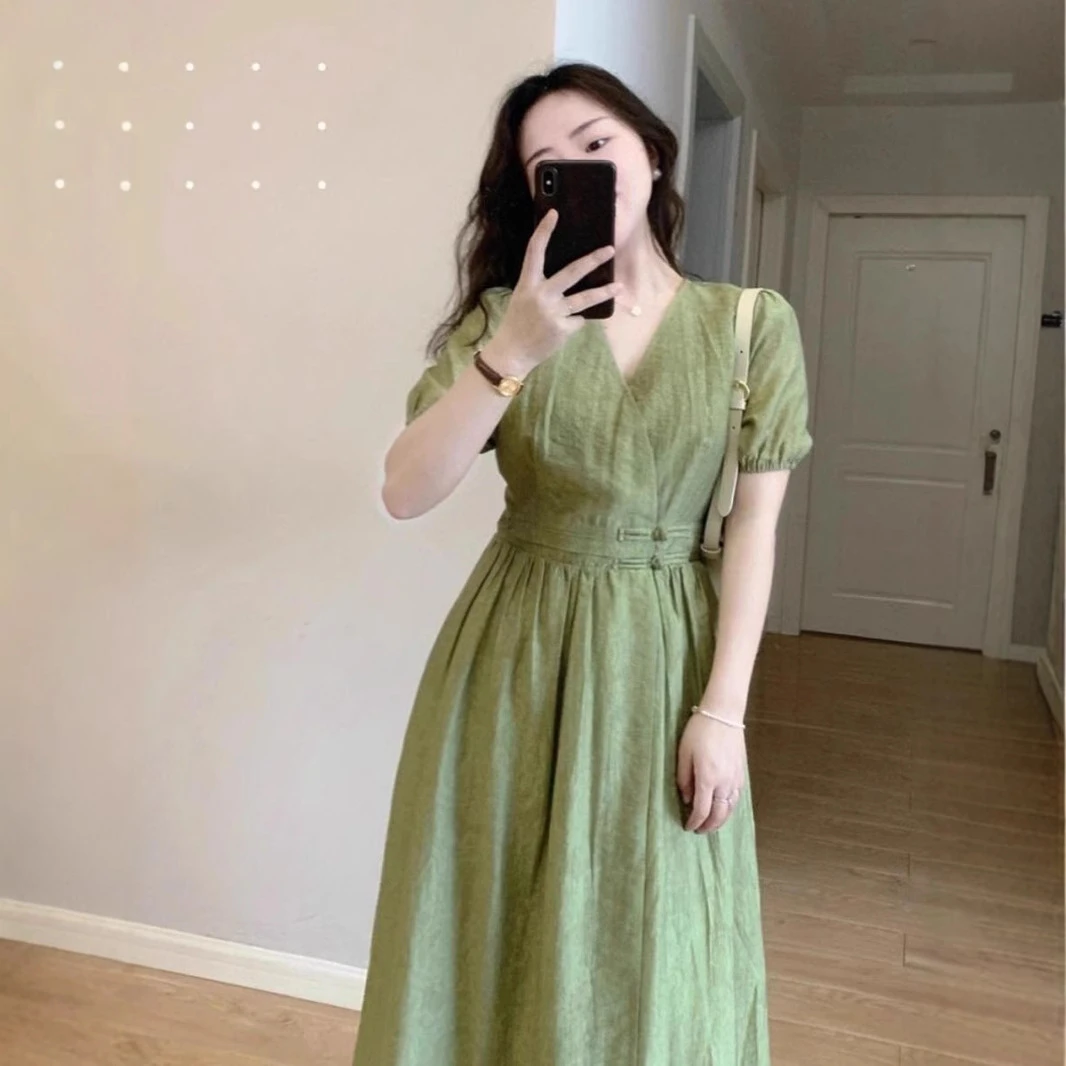2025夏款大码女装胖mm显瘦新中式独特绿色长裙专为微胖妹妹设计新