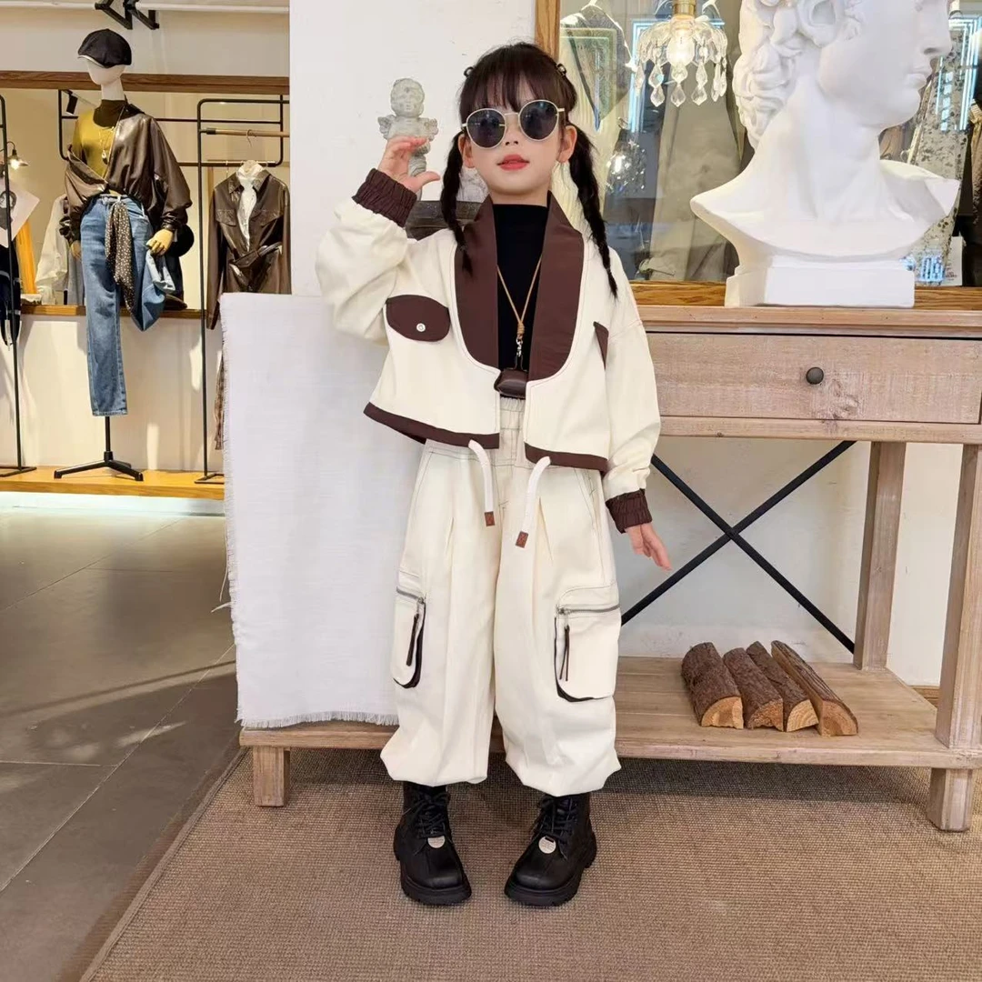 女童秋季两件套新款欧货个性时尚宽松撞色外套百搭哈伦工装裤套装