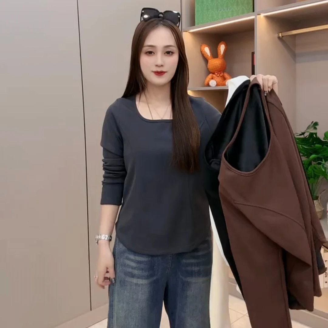 大码加绒保暖明线修身U型领短款常规款长袖打底上衣153