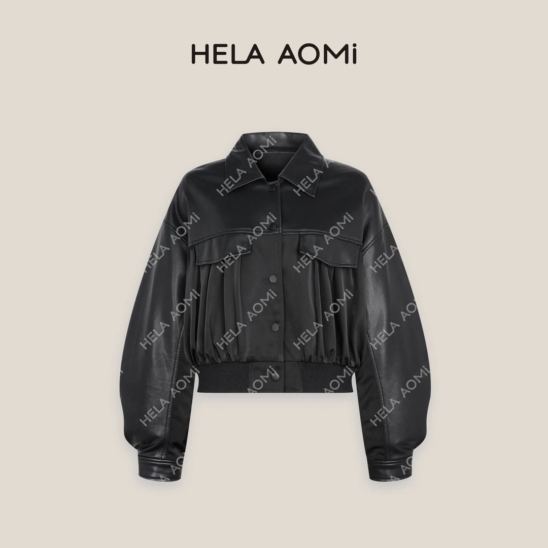 HELAAOMI “潮流玩家”翻领宽松设计感落肩开衫皮夹克CY5AZ00809