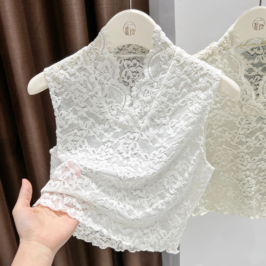 白色短款无袖叠穿背心小众V领套头蕾丝衫秋冬新款假领打底上衣女