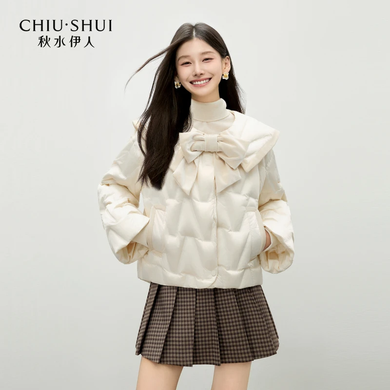 秋水伊人复古蝴蝶结羽绒服2025年冬季新款翻领外套625409C150138