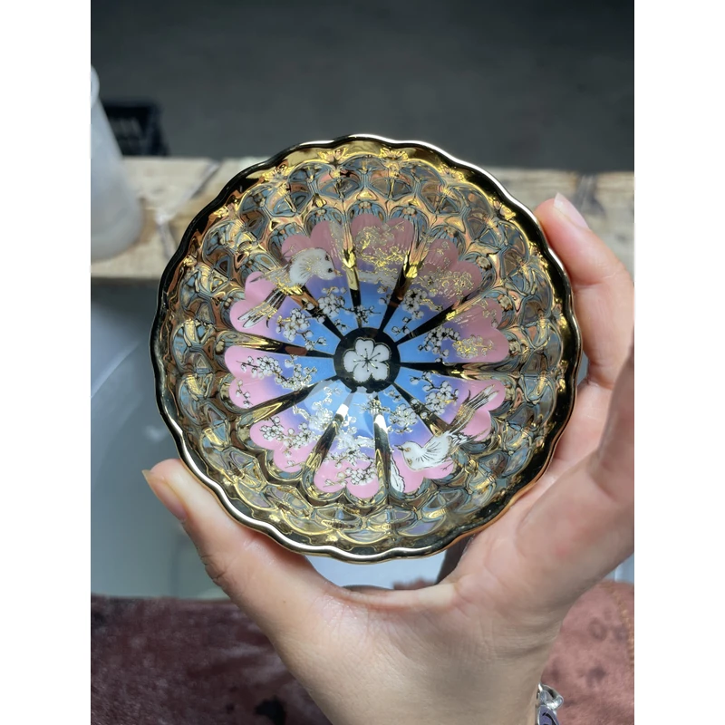 金玉满堂喜鹊带夜光杯葵口陶瓷茶具主人杯精美