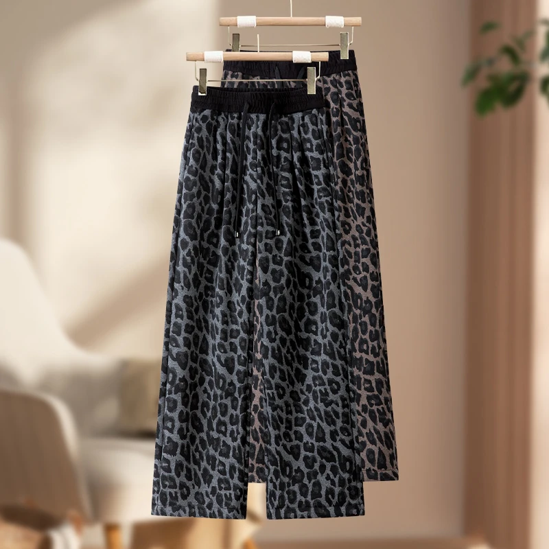 美式复古豹纹宽松阔腿裤女2025秋冬季松紧潮流高腰显瘦休闲直筒裤