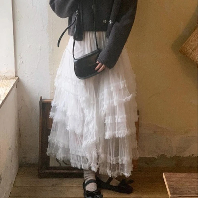 冬季新款高级感高腰显瘦蛋糕半身裙女重工拼接蕾丝木耳边长裙