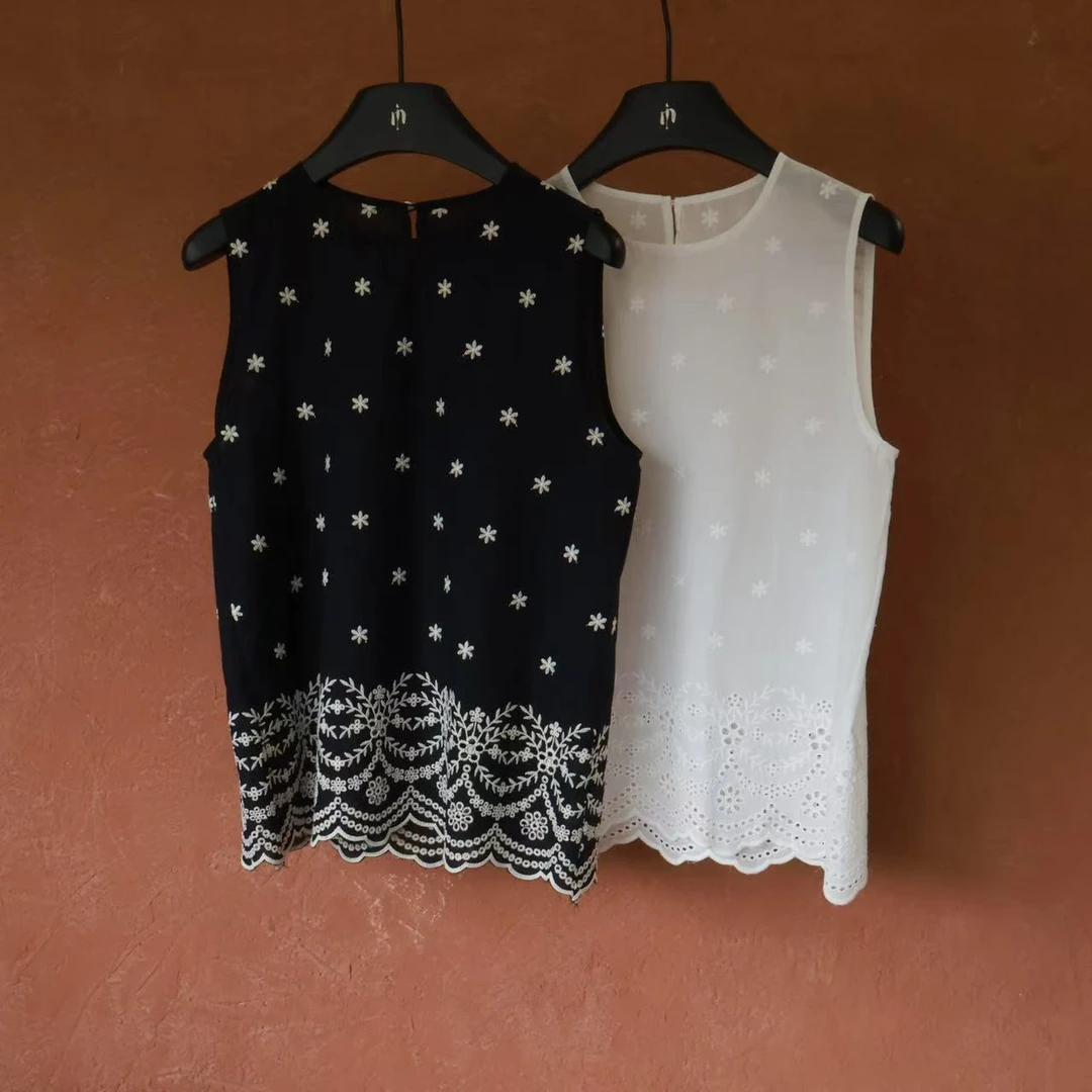 IMMUNO壹糯 波西米亚马甲清凉小雪镂空花刺绣圆领无袖全棉背心