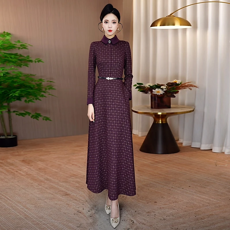 格子连衣裙女2025秋季新款显瘦气质优雅裙子时尚修身轻奢长袖长裙