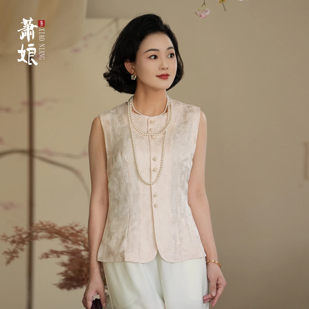 萧娘【心许】正娟满金提花马夹新中式外搭桑蚕丝无袖气质马甲2771