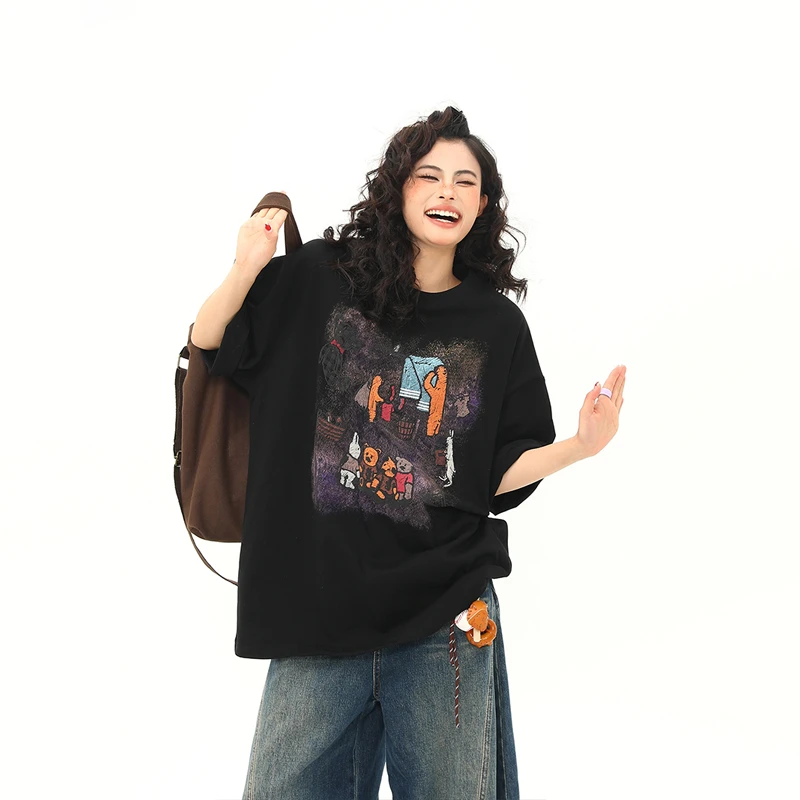 野生阿子短袖T恤女美式复古卡通印花宽松百搭休闲情侣圆领上衣潮