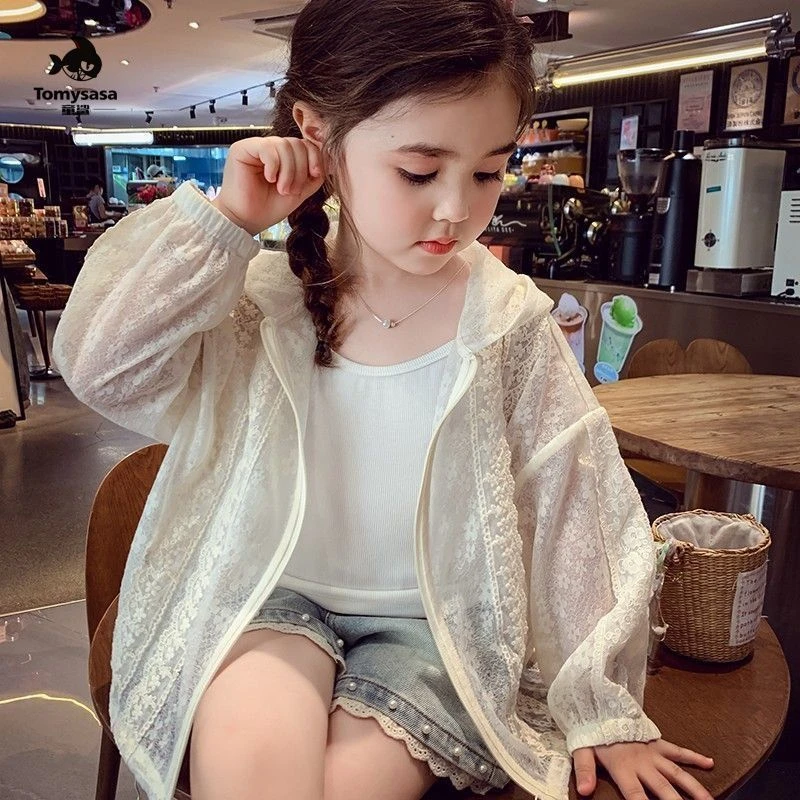 女童蕾丝防晒衣薄款新品2025夏款爆款儿童外穿国风连帽拉链上衣